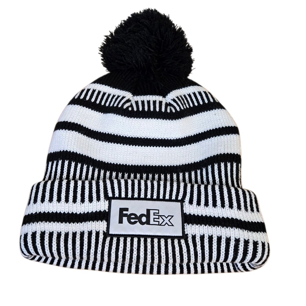 FedEx Pom Beanie Hat‎ Black White Striped Thick Knit Logo Patch Rare Promo
